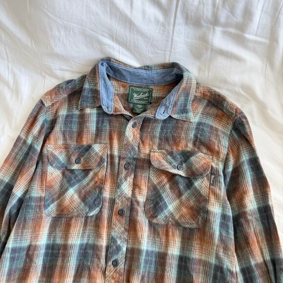 Woolrich Men’s Plaid Flannel Shirt Large Long Sleeve Button Up Denim Trim - Picture 2 of 5